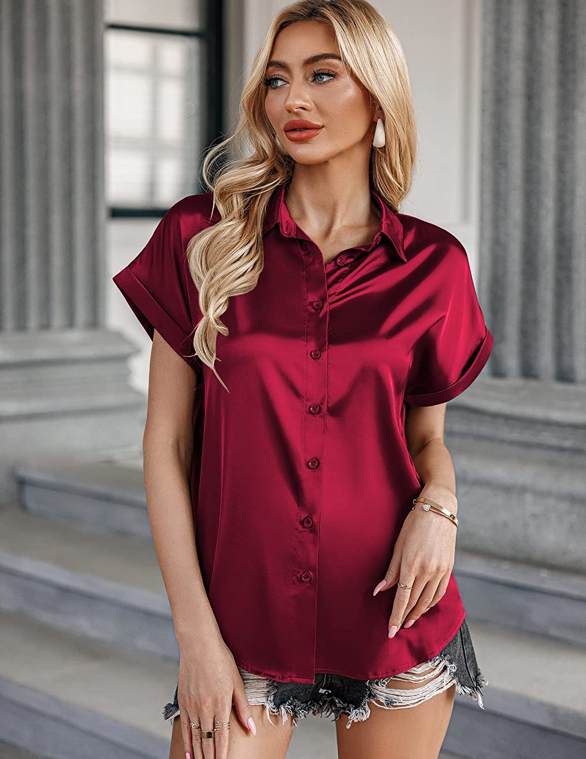 Silk Blouse for Women Short Sleeve Satin Button Down Shirts Casual Loose V-Neck Business Work Tunic Top - Zeagoo (Us Only)