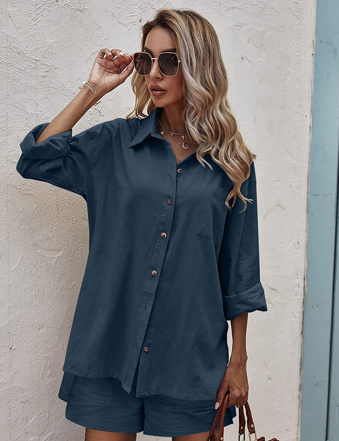 Women Two Piece Outfits Lounge Sets Cotton Long Sleeve Shirts and High Waisted Mini Shorts With Pockets - Zeagoo (Us Only)