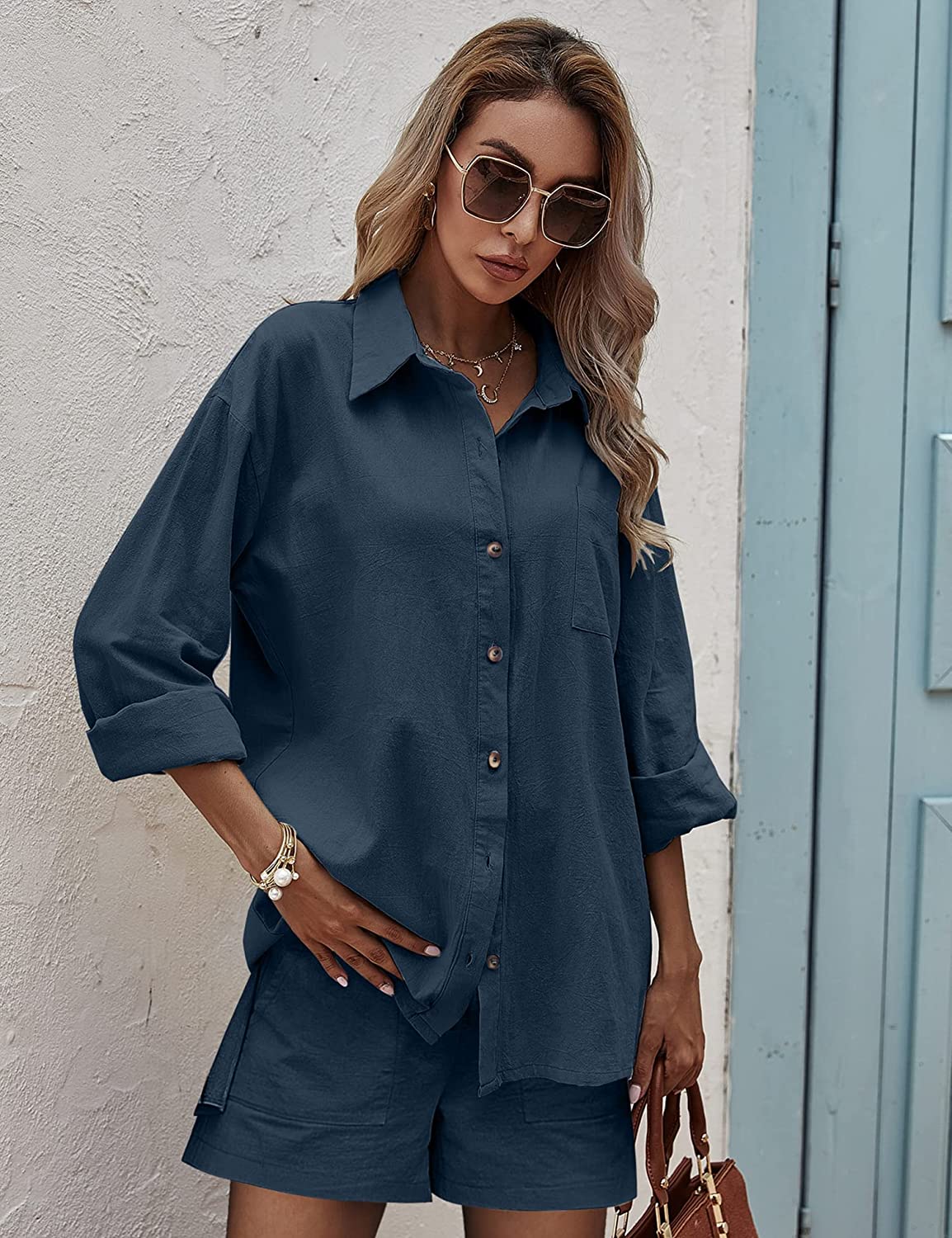 Women Two Piece Outfits Lounge Sets Cotton Long Sleeve Shirts and High Waisted Mini Shorts With Pockets - Zeagoo (Us Only)