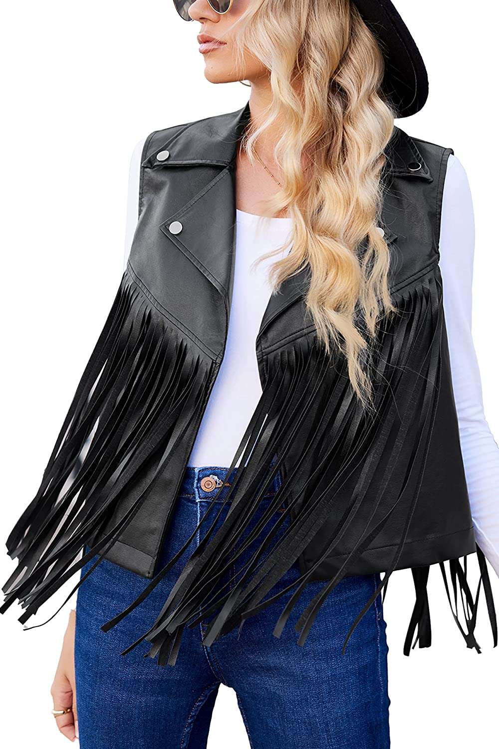 Women Faux Leather Vest Lapel Sleeveless Drape Tassel Open Front PU Fringe Jacket S-XXL - Zeagoo (Us Only)