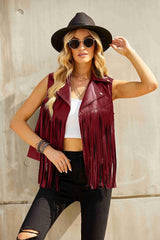 Women Faux Leather Vest Lapel Sleeveless Drape Tassel Open Front PU Fringe Jacket S-XXL - Zeagoo (Us Only)