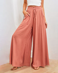 Wide Leg Flowy Pants Summer Boho Elastic Waist Drawstring Palazzo Trousers