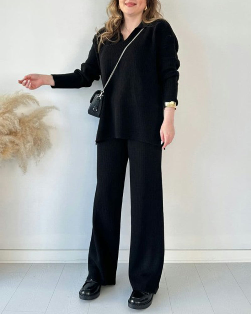 Solid Color Loose Hem Slit Two-piece Sweater Set