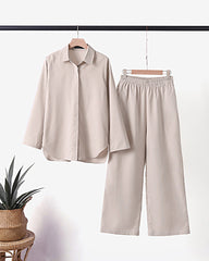 Two Piece Set Lapel Long-sleeved Shirt Casual Solid Color Wide-leg Pants Suit