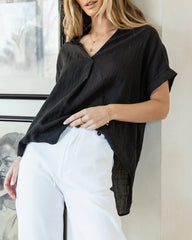 Short Sleeve V-Neck Shirt Button Down Back Irregular Hem T-Shirt Tops