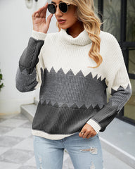 Color Block Rib-Knit Turtleneck Dropped Shoulder Sweater