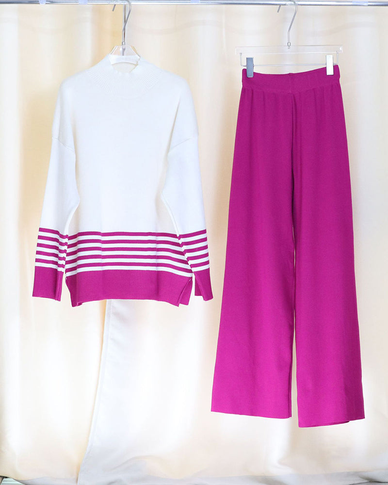 Casual Loose Knitted Two-piece Set Wide-leg Pants Contrast Color Sweater Suit