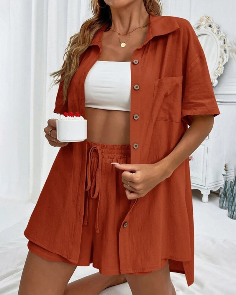 Two-Piece Set Short Sleeve Button Down Shirt Tops Sweat Shorts Summer Lounge Sets