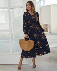 V Neck Long Sleeve Floral Print Maxi Dress