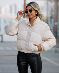 Short Puffer Jacket Stands Up Button Zipper Outerwear