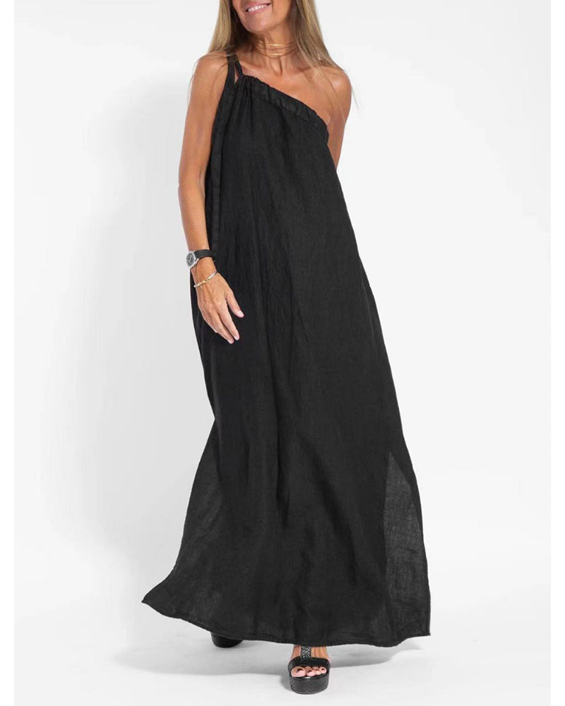 Sleeveless Asymmetrical Off-Shoulder Slit Dress