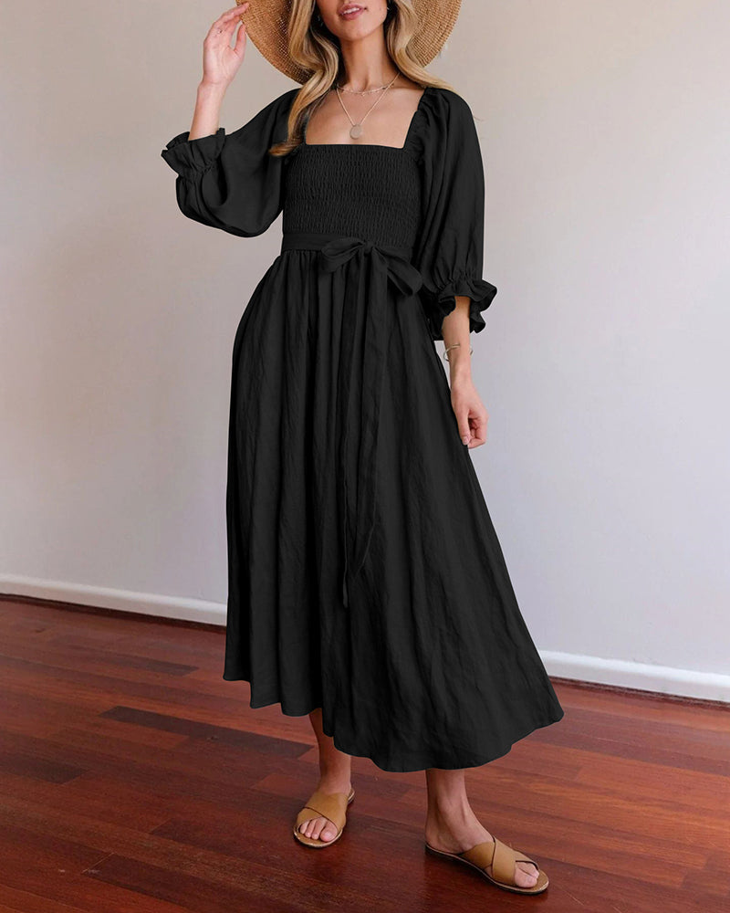 Rope Belt Ruffle Balloon Sleeve Dress Multi-Wear Elegant Midi Dress