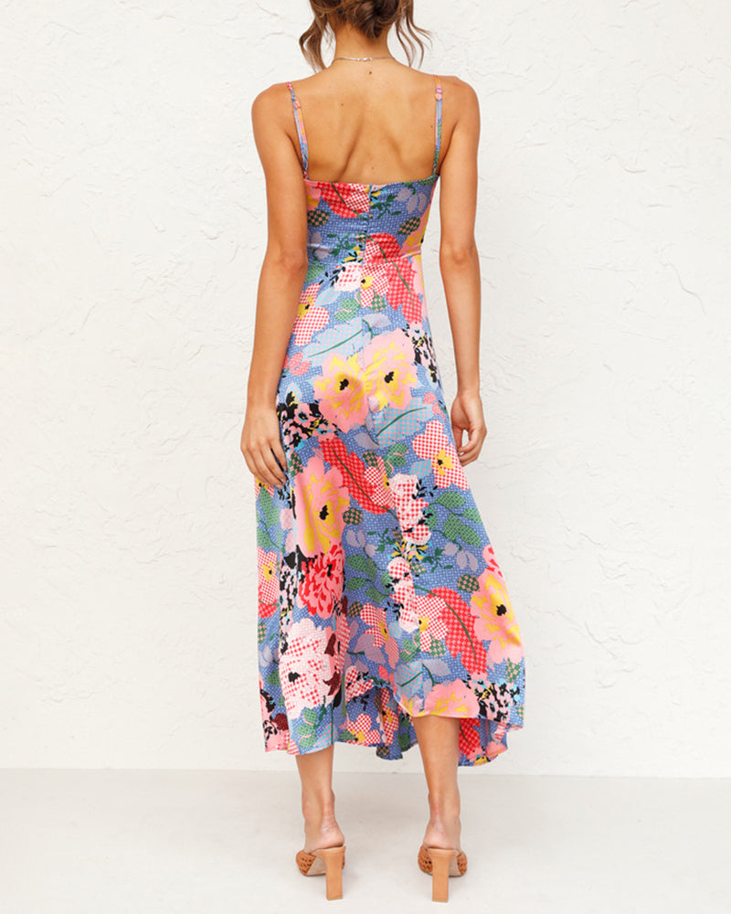 Spaghetti Strap Midi Dresses Sexy Deep V Neck Backless Floral Print Side Slit Maxi Dress