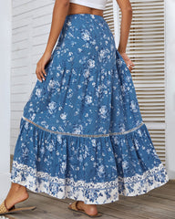 Bohemian Floral Skirt Elastic High Waist A- Line Tiered Flowy Beach Maxi Skirt