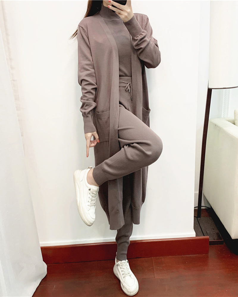 Chic Three Piece Set Knitted Solid Lounge Suit Cardigan Sweater + Jogger Pants+ Sleeveless Tank Top