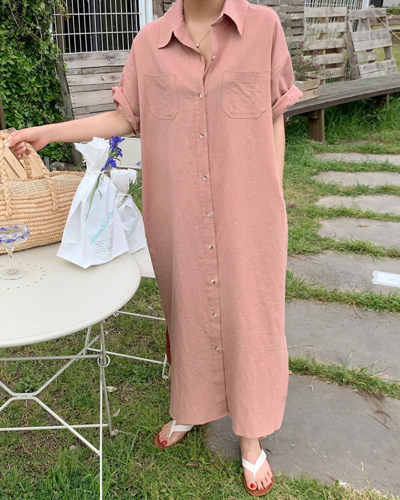 Oversized Button Down Maxi Shirt Dress Short Sleeve Side Split Casual Loose Solid Tunic Dress