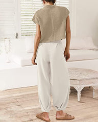 Two Piece Matching Sets Short Sleeve Pullover Tops Solid Color High Waisted Lounge Pants