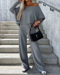 Solid Color Two Pieces Sets Off-shoulder Bat Sleeve Top Casual Wide Leg Pants Suit