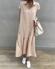 Casual Short Sleeve Ruffles Collared Button Down Maxi Dress