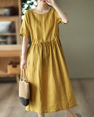 Retro Stitching Dress High Waist Lace Up Swing Skirt Knee Long Dresses