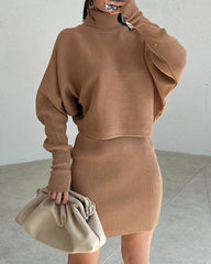 Casual Two Pieces Sets Turtleneck Sweater and Mini Skirt Suits