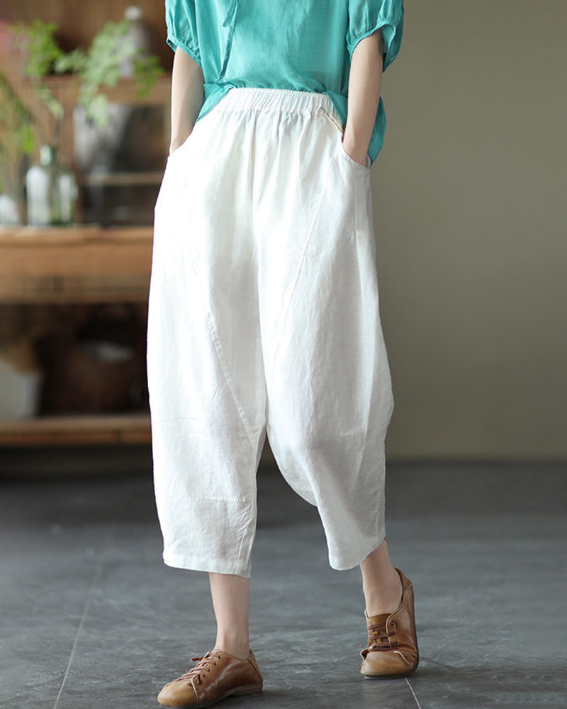 Loose Stitching Solid Color Elastic Waist Cropped Harem Pants