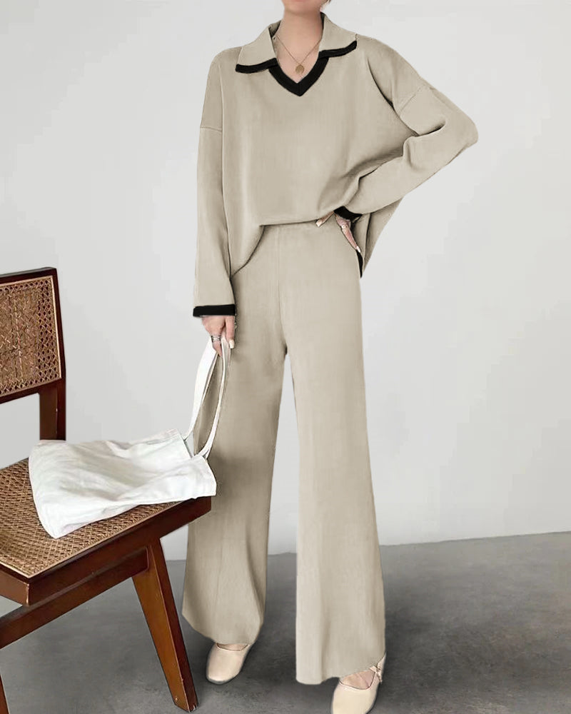 Loose Knitted Two-piece Set Sweaters Pullovers Jumpers + Wide Leg Pants