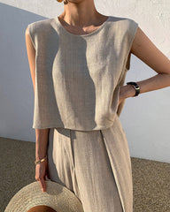 Sleeveless Suits Solid Sets Crew Neck Tank Tops And Wide Leg Long Trousers