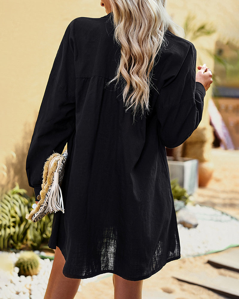 Solid Color Long Sleeve Slit Shirt Top