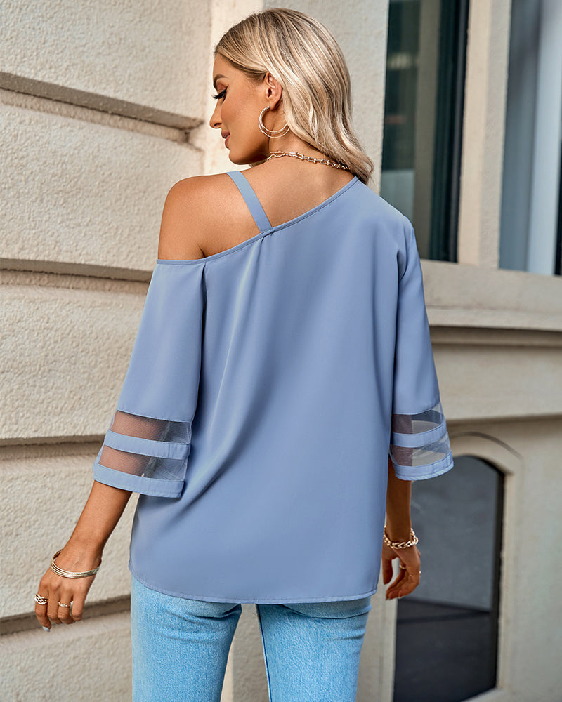 Asymmetrical Neck Buckled Spliced Mesh Blouse