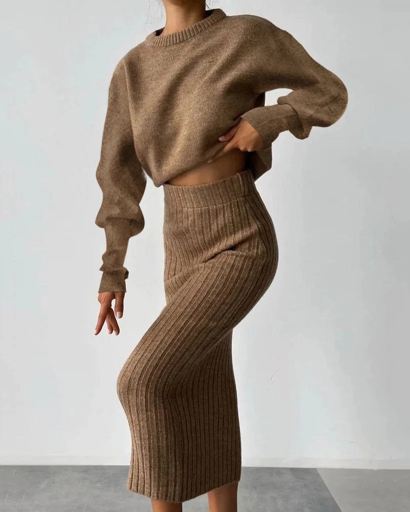 Casual Two-piece Outfits Long Sleeve Sweater and Mid-length Skirts Sets