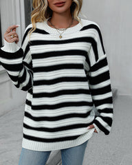 Striped Sweater Women Knitted Crew Neck Pullover Sweater