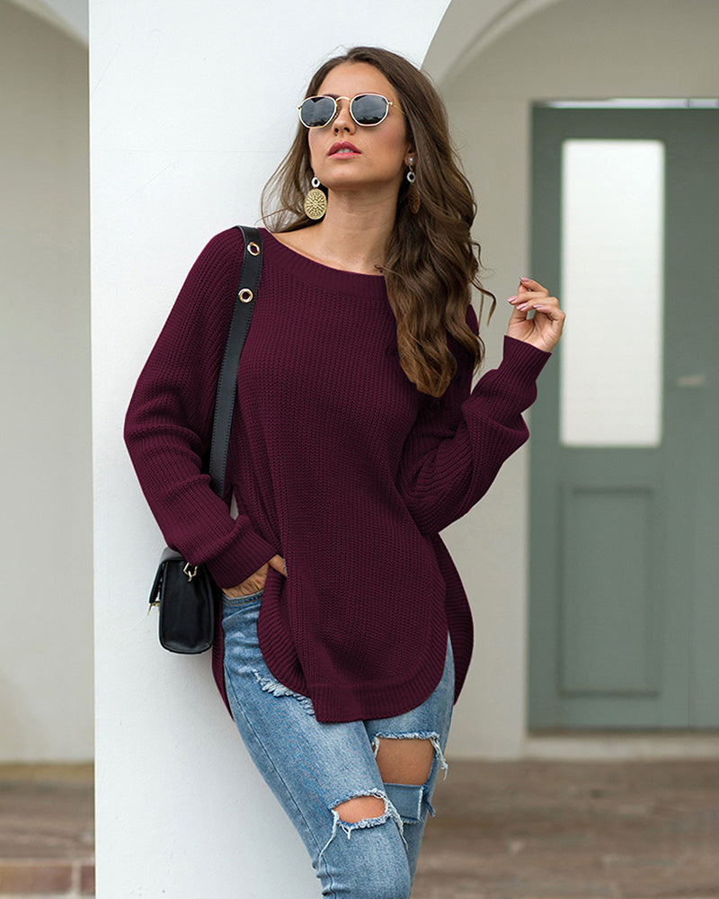 Crew Neck Long Sleeve Slit Pullover Knit Sweater