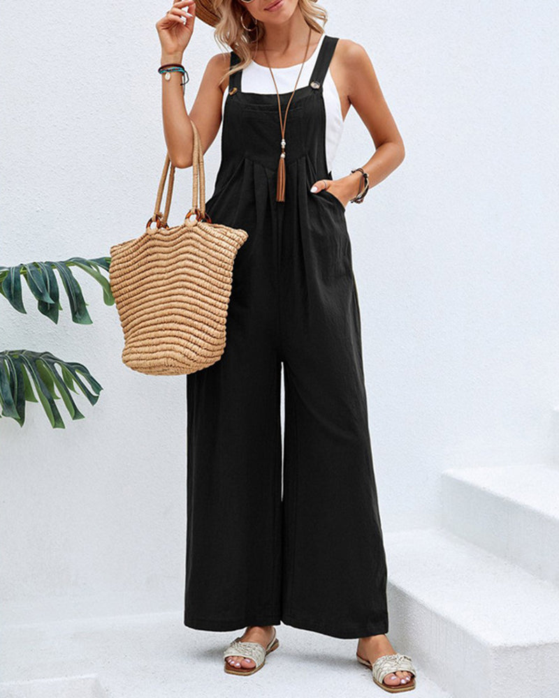 Solid Color Sleeveless Sling Pocket Wide Leg Side Button Plus Size Jumpsuits