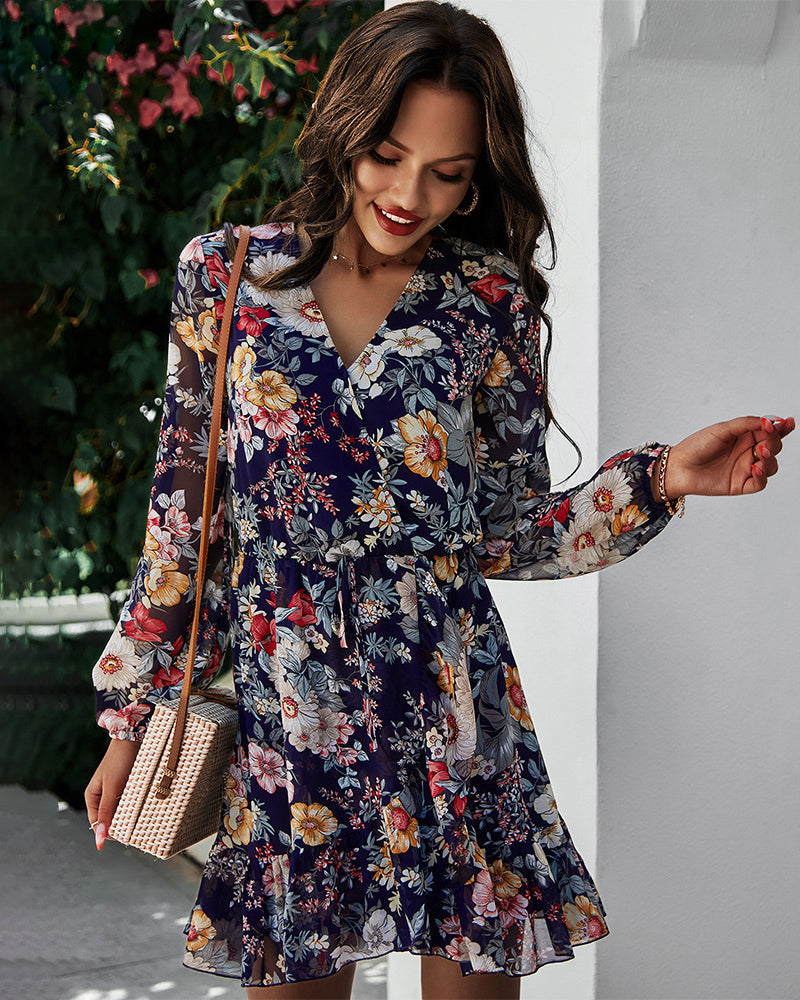 V-neck Long-sleeved Chiffon Print Dress