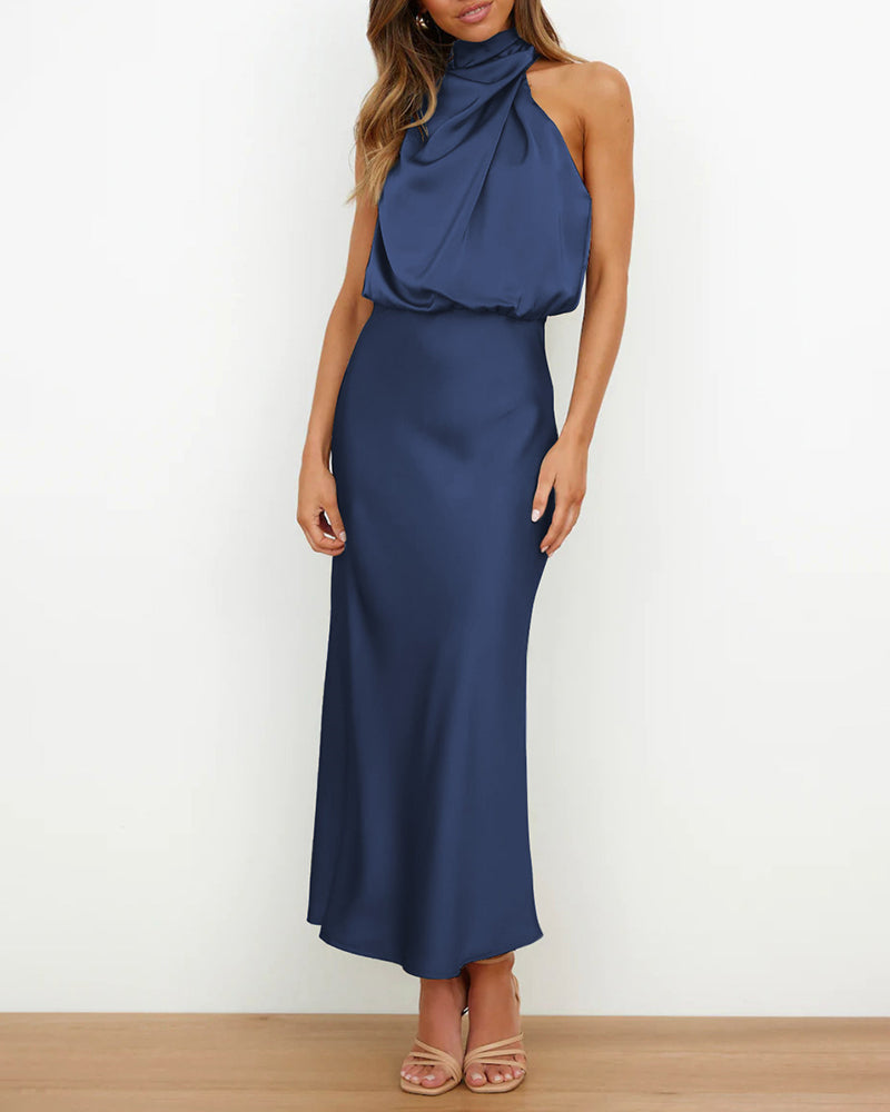 Long Formal Satin Dress Mock Neck High Neck Evening Dress