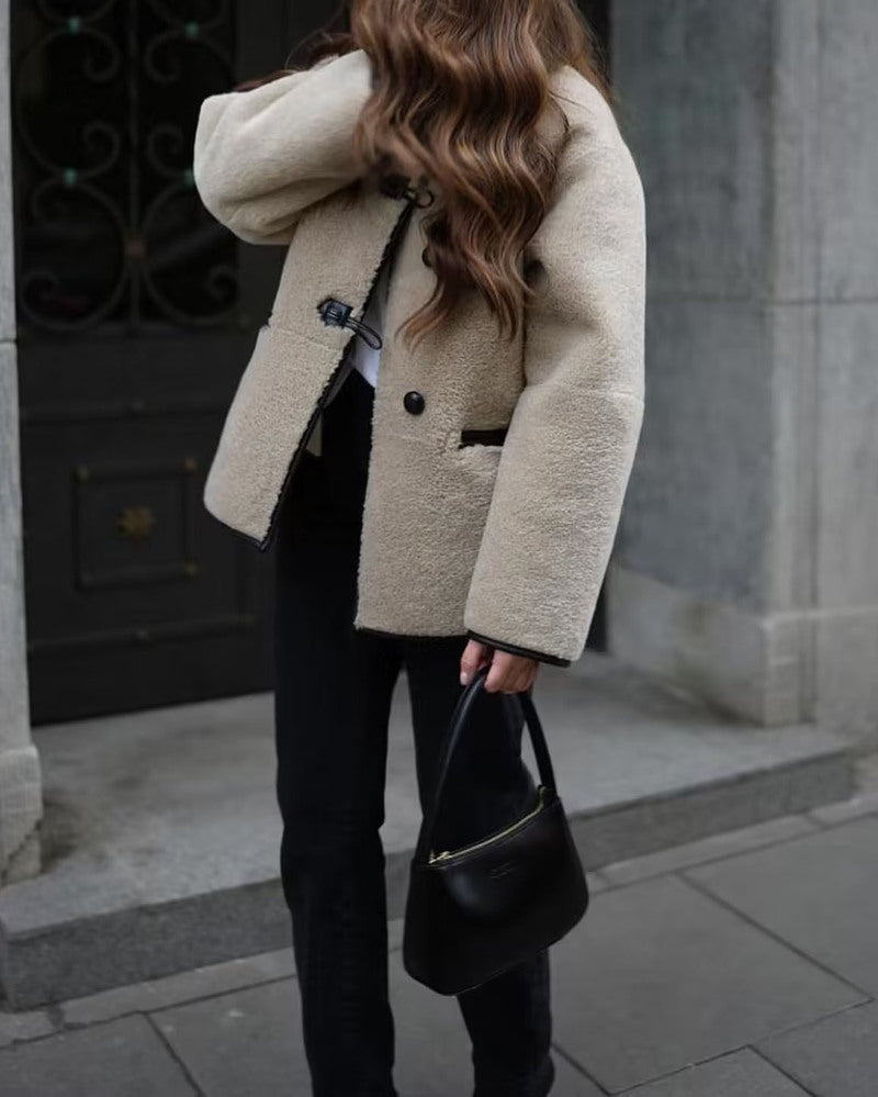Round Neck Long Sleeve Faux Fur Coat