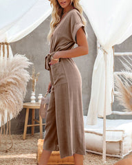 Casual Playsuits Wide Leg Short Sleeves V Neck Buttoned Baggy Belt Jumpsuits Elegant Long Romper with Pockets