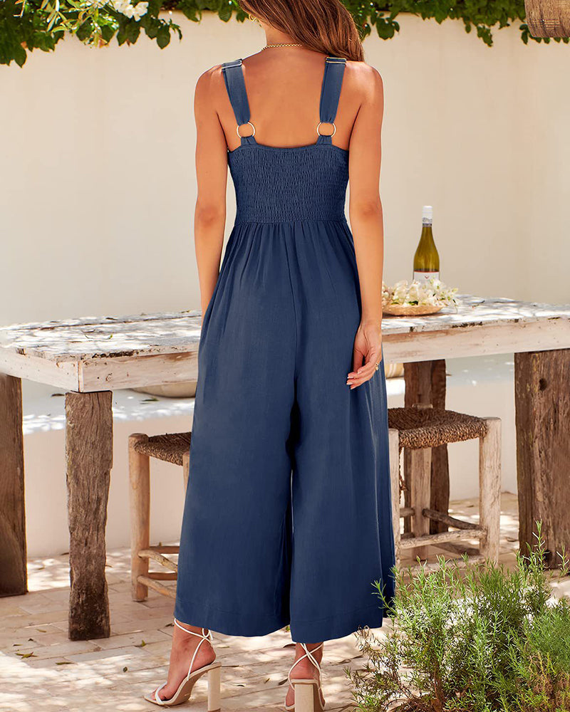 Casual Sleeveless Hollows High Waist Bodysuit Spaghetti Strap Loose Jumpsuit Overalls