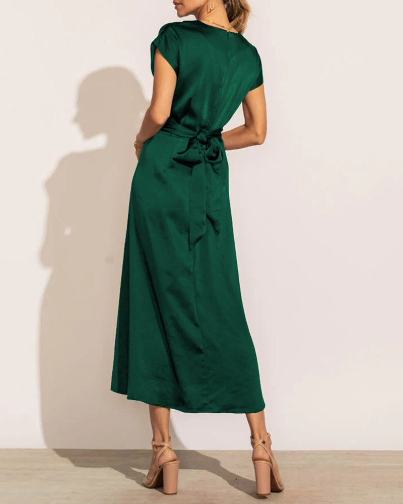 Satin Midi Dress Cap Sleeve Tie Waist Elegant A-Line Flowy Dresses