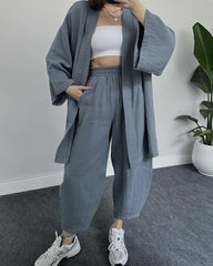 Casual Loungewear Set Solid Color Loose Long Sleeve Kimono Cardigan and Pants