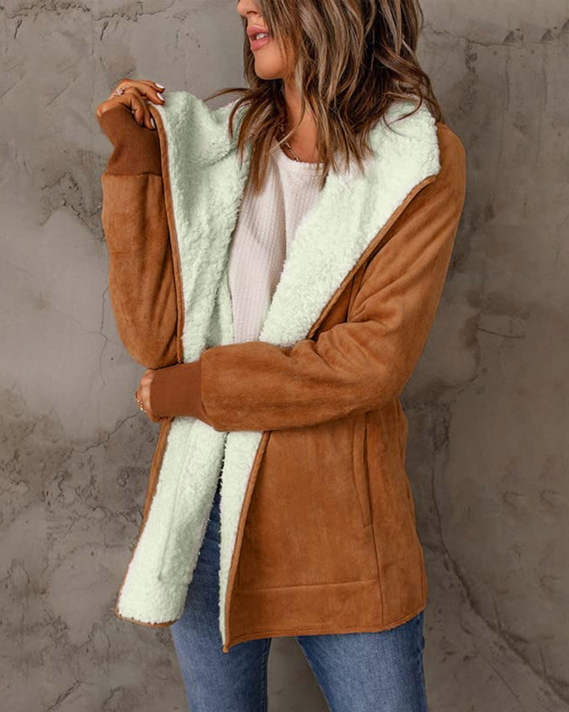 Fleece Long Sleeve Warm Teddy Coat Lapel Cardigan With Pocket