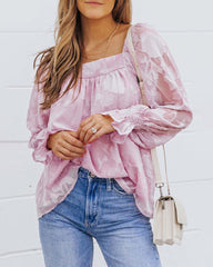 Ruffle Sleeve Solid Color Pullover Square Neck Chiffon Top