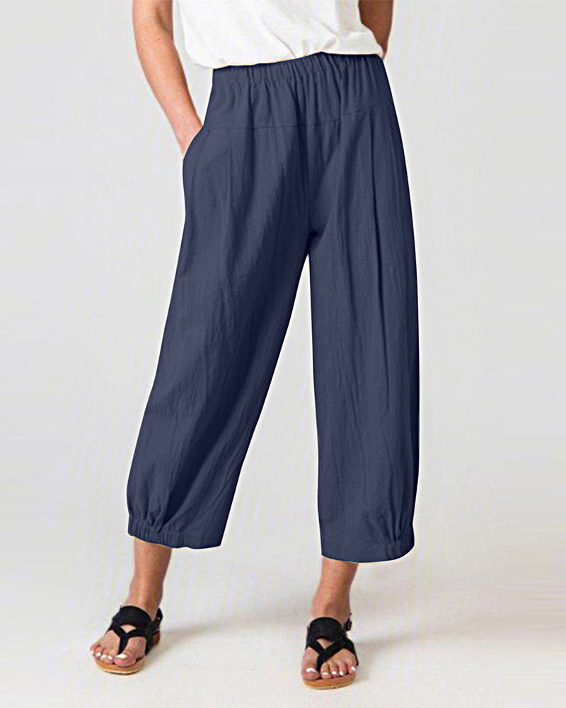 Solid Color Elastic Waist Stitching Straight High Waist Cropped Casual Pants