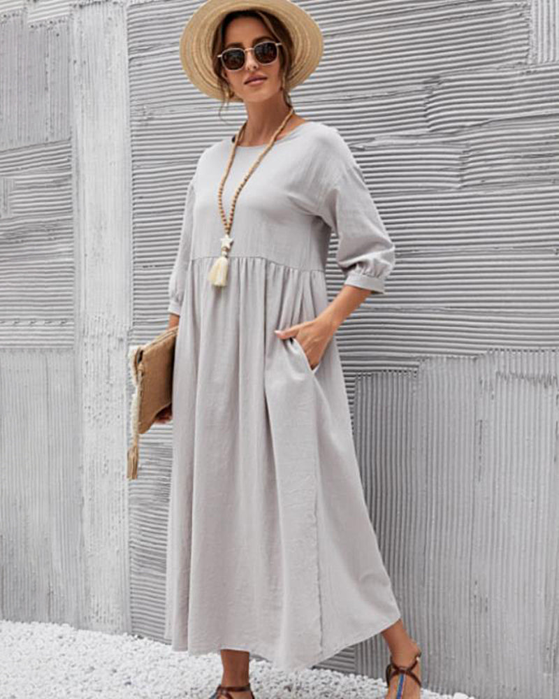 Lantern Sleeve Long Dress Solid Color Loose Crew Neck Mid Waist Dresses with Pockets