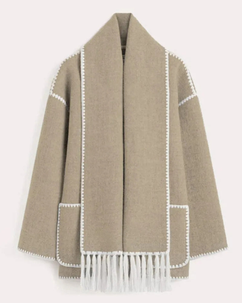 Women's Thickened Loose Woolen Coat with Fringed Scarf