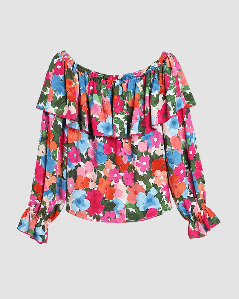 Off The Shoulder Blouses Floral Print Long Sleeve Ruffle Tube Shirt Tops