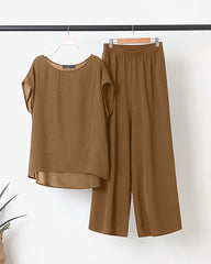 Summer Trousers Suits Matching Sets Short Sleeve Blouse Wide Leg Pants Sets