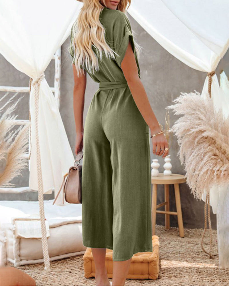 Casual Playsuits Wide Leg Short Sleeves V Neck Buttoned Baggy Belt Jumpsuits Elegant Long Romper with Pockets