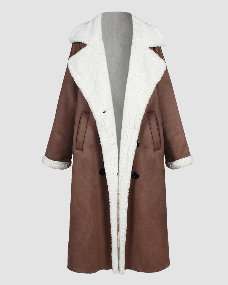 Faux Suede Drop Shoulder Pocket Longline Shearling Coat